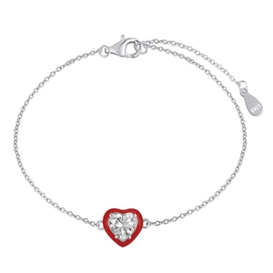S925 sterling silver chain bracelet with red enamel heart pendant and clear zircon stone