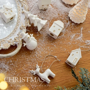 Mini ceramic Christmas tree pendants featuring reindeer and snow house ornaments