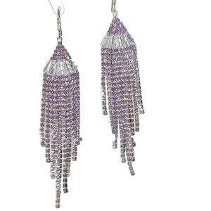 Sparkling purple zircon fan-shaped tassel drop earrings for women on white background