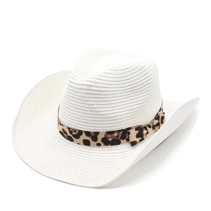 Women's cream straw cowboy hat with leopard print ribbon and bow for beach sun protection