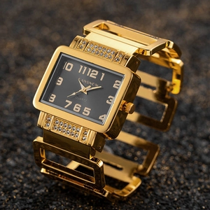 Luxury gold quartz watch for women with rectangular black dial and rhinestone accents