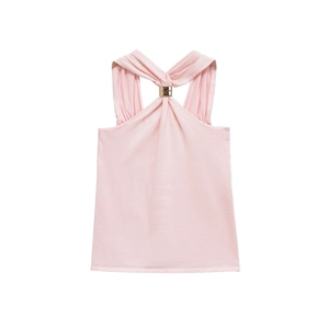 Detail of pink knit halter top featuring a gold metal ring and refined ribbed texture