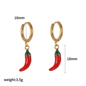 Detailed size view of gold hoop earrings with red and green chili pepper charms