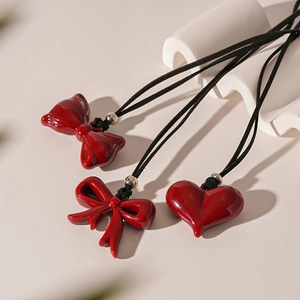 Vintage Red Bowknot Heart Pendant Necklace Resin Alloy Glossy Sweet Chic Jewelry For Women With Adjustable Black Cord