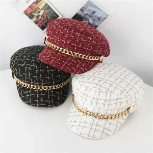Tweed baker boy hats with gold chain detail in burgundy, black and beige colors