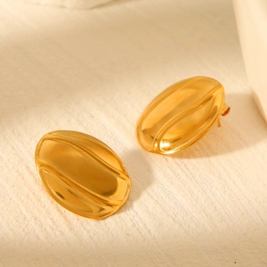 Polished 18k gold plated stainless steel wave textured coffee bean stud earrings
