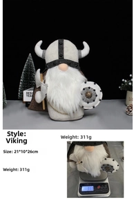 Detail of Viking gnome plush with double-horn helmet, shield and axe weapon details
