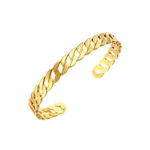 Retro 18K gold plated double layer stainless steel open bangle with zircon inlay