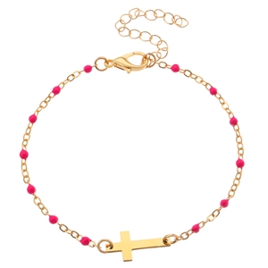 Gold stainless steel cross bracelet with rose red beads and adjustable lobster clasp closure