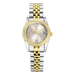 Two-tone gold and silver ladies watch with diamond bezel and Roman numeral dial
