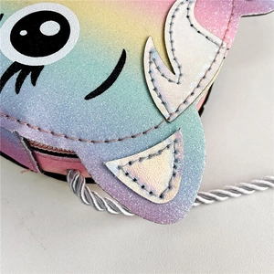 Cute rainbow gradient unicorn crossbody bag for kids with glitter finish and woven strap