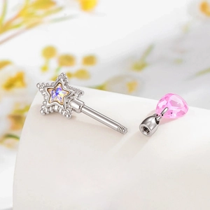 Star wand titanium steel barbell piercing with colorful gem and pink heart pendant