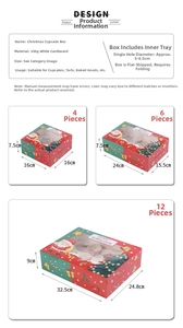 Size chart for Christmas cupcake boxes in 4, 6, and 12 count with clear windows