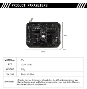 Detailed product specifications and size chart for the faux crocodile leather card wallet