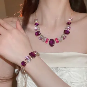 Vintage Palace Style Jewelry Luxury Copper Zirconia Colorful Oval Heart Geometric Necklace Earrings Bracelet Prom Accessories