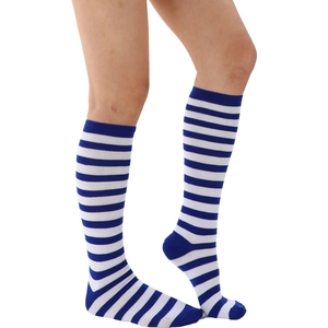 Side view of Japanese style knee-high socks featuring blue and white thin stripes