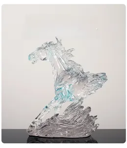 Macro detail of clear resin horse statue with dynamic water base and blue crystal finish