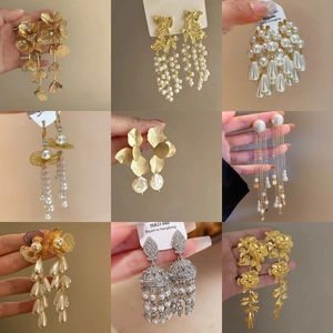 French vintage earrings detail showing golden floral designs and pearl tassels in a 3x3 grid