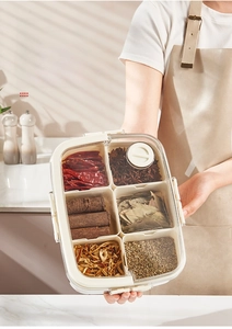 Close-up of food-grade 6-compartment spice box showing clear view of dried chili and spices