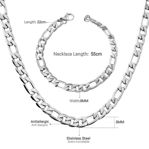 8mm stainless steel cuban figaro chain set with 55cm necklace and 22cm bracelet