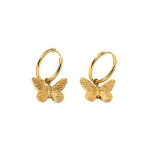 Elegant 18K gold plated stainless steel butterfly dangle earrings on white background