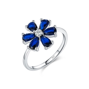 Exquisite S925 sterling silver flower ring featuring blue and white sparkling crystals