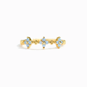 Golden S925 sterling silver ring with three flower petals and light blue opal stone