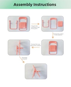 Pink mini folding chair phone stand assembly guide showing parts and setup steps