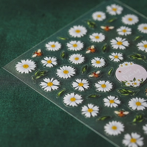 5D embossed little daisy nail stickers with white flowers and bees on transparent film