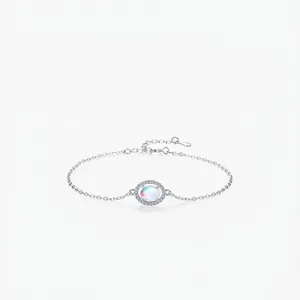 Moonstone Bracelet 925 Sterling Silver Adjustable Oval Cubic Zirconia Elegant Jewelry For Women