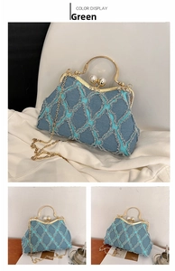 Detail of blue denim shell bag with white fringe quilting and pearl metal clasp