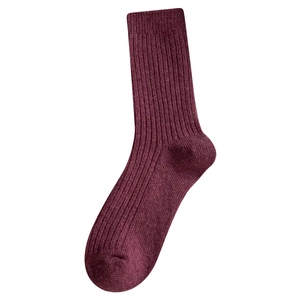 Winter wool ribbed crew socks in deep burgundy red knit for women warm hosiery
