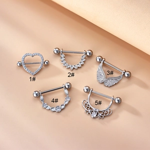 Five styles of silver stainless steel nipple rings with heart, leaf, and wing zircon designs