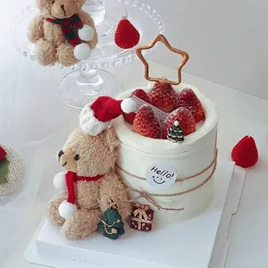 Christmas Bear Cake Decoration Mini Knitted Hat And Scarf Plush Teddy Bear Miniature Holiday Party Dessert Ornament Toy