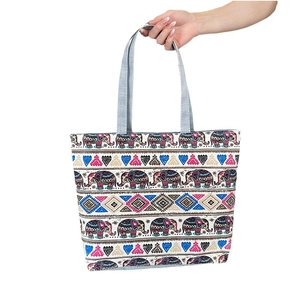 Large capacity canvas tote bag with bohemian ethnic elephant and geometric patterns