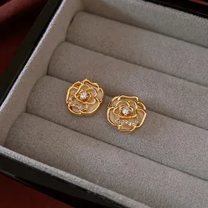 Camellia Flower Stud Earrings Elegant White Shell Zircon 14K Gold Plated Copper For Women With Silver Earring Post