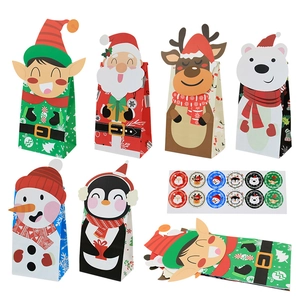 Set of 6 Christmas themed paper gift bags with cartoon character designs and seal stickers