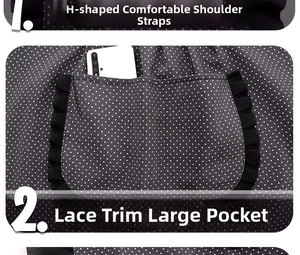Detail of grey polka dot canvas apron with H-shaped straps and large lace-trimmed pocket