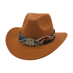 Brown wool felt Western cowboy hat featuring USA flag pattern belt and eagle star metal badge