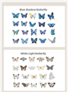 Detail view of butterfly stickers in blue and white styles for decorative crafts