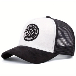 Classic black and white trucker hat with Enjoy Life patch and breathable mesh back