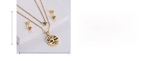 Detail of tree of life pendant set and ball earrings with size measurement specifications