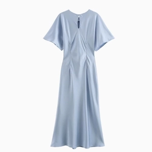 Short-sleeved light blue satin midi dress featuring a stylish knot back neck detail