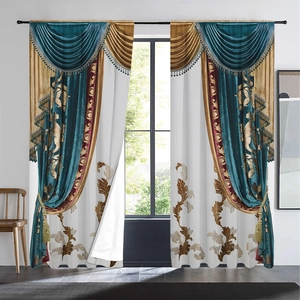 Close-up of European luxury blue and gold floral curtains with tassels and valance