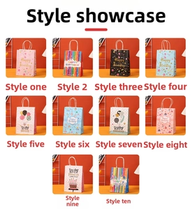 Detailed grid showing 10 assorted birthday gift paper bags with colorful festive designs