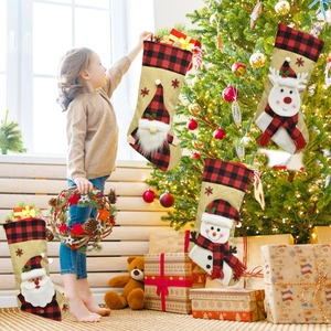 3D cartoon Christmas stockings set with Santa, snowman and reindeer on linen fabric