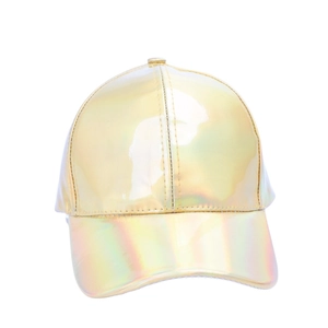 Macro detail of the iridescent gold metallic PU leather texture on the baseball cap