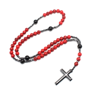 Natural Red Turquoise Black Agate Hematite Beads Cross Pendant Rosary Necklace Men Religious Prayer Long Chain Jewelry