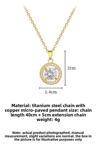 Macro shot of circular zircon pendant with titanium steel chain and size measurements