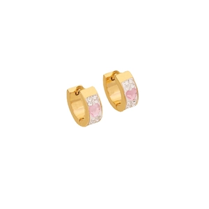 Pink heart clay earrings with small white zircons on golden stainless steel hoops